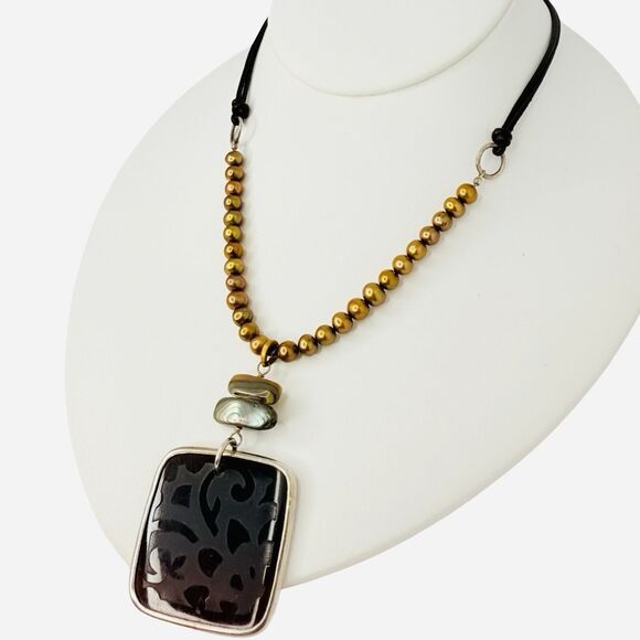 Silpada 925 Sterling Silver Gold Pearl Abalone Pendant Necklace 18" Leather - Picture 5 of 10